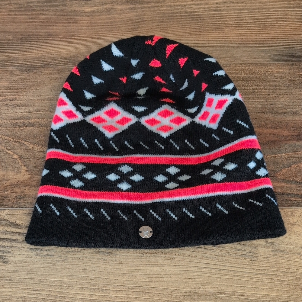 Spyder Black White and Pink Patterned Beanie Ski Hat             M